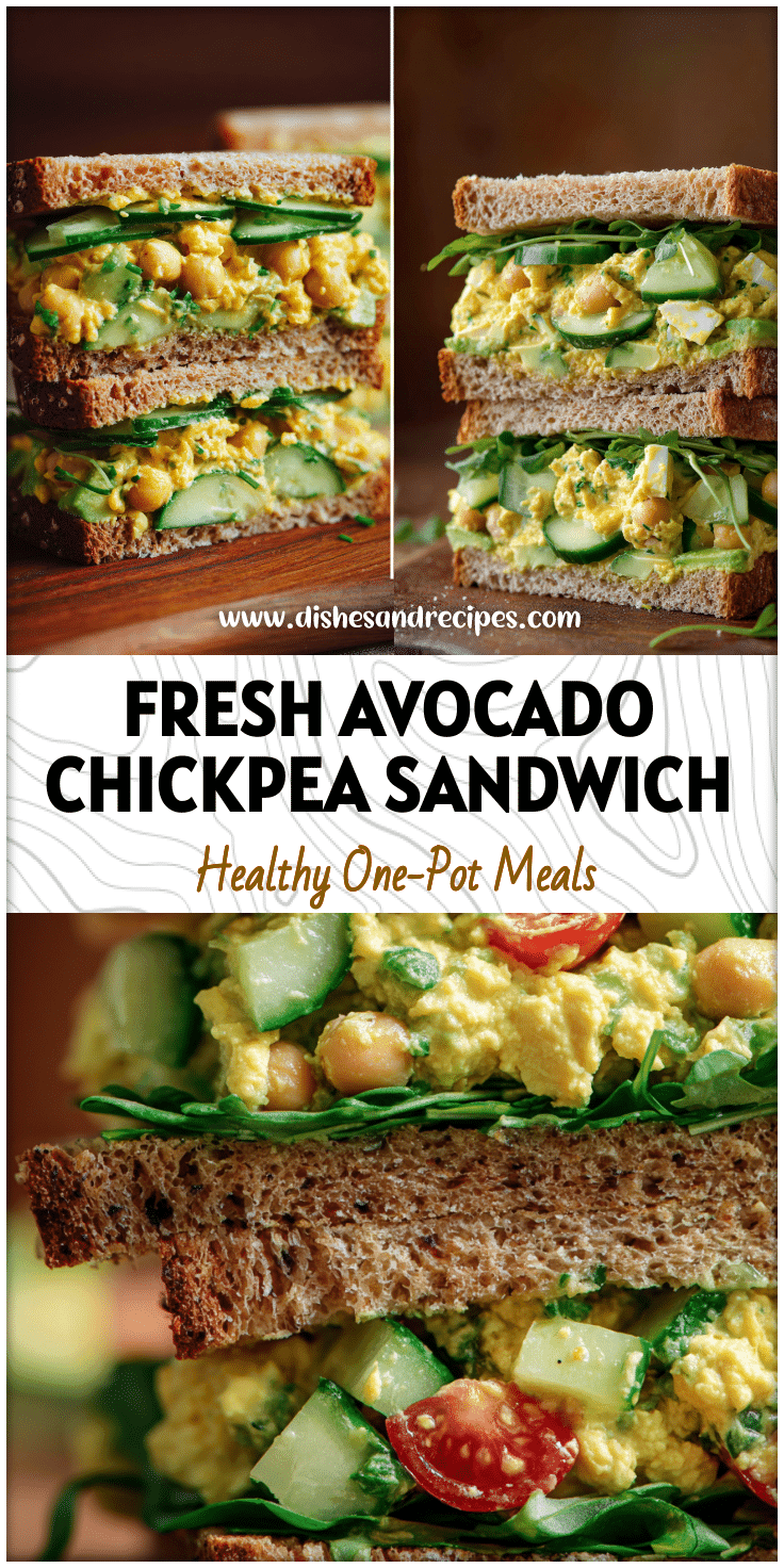 Close-up of a Smashed Chickpea Avocado Sandwich layered with cucumber and greens on whole-grain bread.